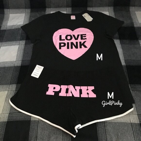 VS PINK BLACK COTTON MODAL MICRO SHORTS & ORIGINAL BLACK CAMPUS HEART TEE MEDIUM - Picture 1 of 9
